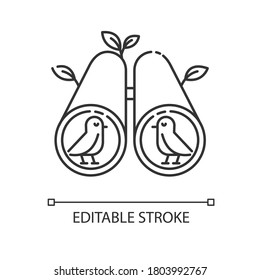 Birdwatching pixel perfect linear icon. Birds observation, recreational activity. Wildlife tourism thin line customizable illustration. Contour symbol. Vector isolated outline drawing. Editable stroke