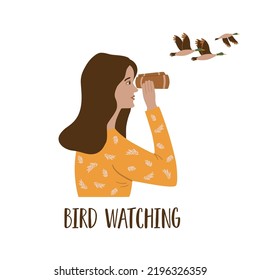 Birdwatching Poster, Birding. Ornithology Banner. Girl Looks Through Binoculars, Woman Watches Flying Ducks Isolated Graphic Element. Local Eco Tourism Concept, Birds Observation. Vector