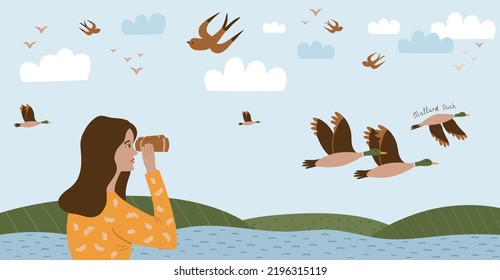 Birdwatching Poster, Birding. Ornithology Horizontal Banner Template. Girl Looks Through Binoculars, Ornithologist Watches Flying Ducks. Eco Tourism, Birds Observation. Cartoon Vector Illustration