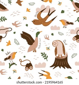 Birdwatching Seamless Pattern. Birding Print. Birds Flying In Nature Background. Duck, Robin, Owl, Martin Birds Illustration. Vector Wildlife Wallpaper Bird Watching, Ornithology, Bird Watcher Concept