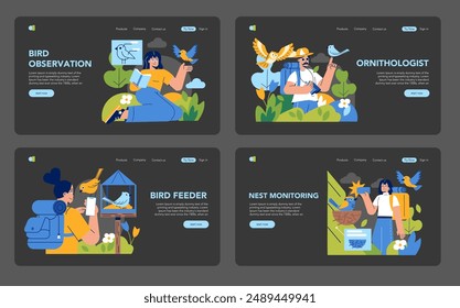 Birdwatching set. Enthusiasts engage in bird observation, studying ornithology, refilling feeders, and monitoring nests. Nature, education, and conservation themes. Vector illustration.