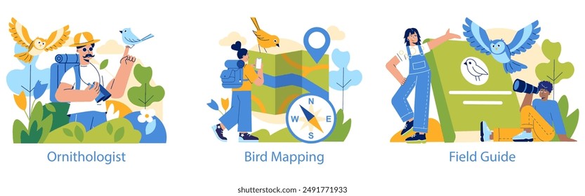 Birdwatching set. Enthusiasts engage in ornithology, bird mapping, and use field guides in nature. Observing avian species in their habitat. Vector illustration.