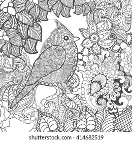 Birdy in fantasy flowers. Animals. Hand drawn doodle. Ethnic patterned illustration. African, indian, totem tatoo design. Sketch for avatar, tattoo, poster, print or t-shirt.