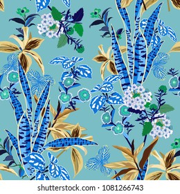 Birght summer vector seamless beautiful artistic bright tropical pattern with exotic forest. Colorful original stylish floral background print, bright rainbow colors on sky blue color