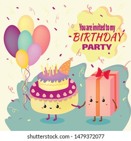 birhday invation illustration cake and baloons vector