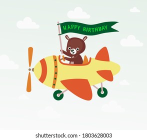 Birhtday Greeting Card With Bear On Helicopter