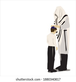 birkas habanim - An Orthodox religious Jewish father covered with a tallit greets his son.
He places his hands on the head of his kippah -covered son.
Dressed in a white robe.
vector