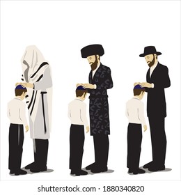 Birkat Habanim - the jewish Blessing of the Children. Religious Orthodox Observant fathers dressed in authentic clothes greet their children. Place their hands on the kids' heads and say a prayer. 