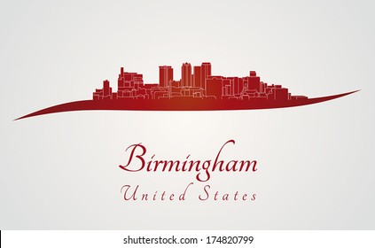 Birmingham AL skyline in red and gray background in editable vector file