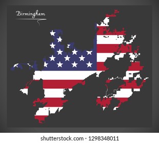 Birmingham Alabama City map with American national flag illustration