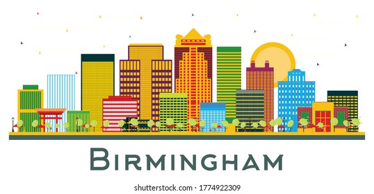 Birmingham Alabama City Skyline with Color Buildings Isolated on White. Vector Illustration. Business Travel and Tourism Concept with Historic Architecture. Birmingham USA Cityscape with Landmarks.