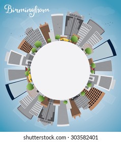 Birmingham (Alabama) Skyline with Grey Buildings, Blue Sky and copy space. Vector Illustration. Business travel and tourism concept with place for text. Image for presentation, banner and web site