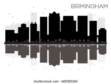 Birmingham City skyline black and white silhouette with reflections. Vector illustration. Simple flat concept for tourism presentation, banner, placard or web site. Cityscape with landmarks