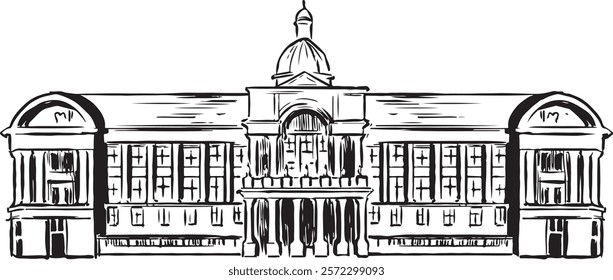 Birmingham Council House, England black and white ink sketch. Victorian Baroque architecture, intricate carvings, grand arches, central dome. Historic civic landmark. Tourism handdrawn isolated.