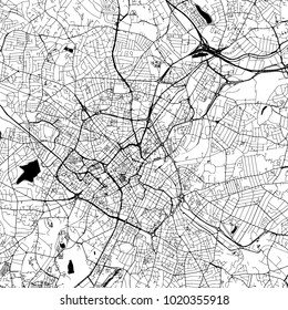 Birmingham Downtown Vector Map Monochrome Artprint, Outline Version for Infographic Background, Black Streets and Waterways