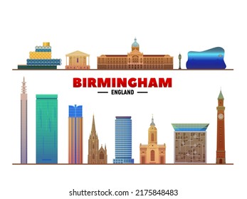 Birmingham (England) city famous landmarks vector at white background. Flat vector illustration. Business travel and tourism concept with modern buildings. Image for banner or web site.