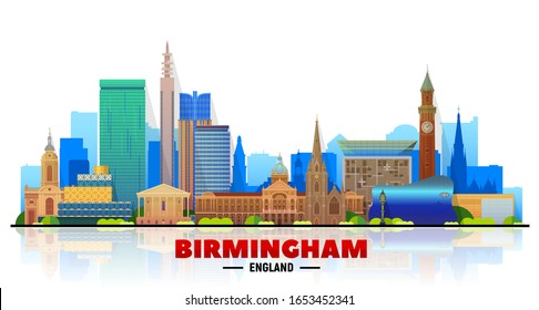 Birmingham (England) city skyline vector at white background. Flat vector illustration. Business travel and tourism concept with modern buildings. Image for banner or web site.