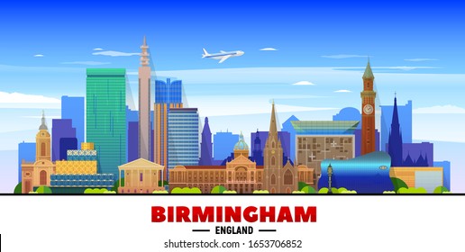 Birmingham (England) city skyline vector at sky background. Flat vector illustration. Business travel and tourism concept with modern buildings. Image for banner or web site.