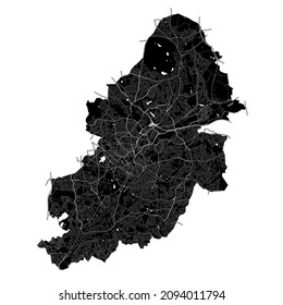 Birmingham, England, high resolution vector map with city boundaries, and editable paths. The city map was drawn with white areas and lines for main roads, side roads and watercourses on black