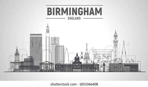 Birmingham (England) line city skyline vector at white background. Stroke vector illustration. Business travel and tourism concept with modern buildings. Image for banner or web site.