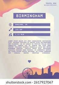 Birmingham, England vector infographics, brochure layout. Guide, leaflet, flyer, advertising graphic template with text, information, UK city skyline shape. Page, festival, cover mock up image