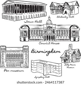 Esbozos de Lugares famosos de Birmingham. Ayuntamiento de Birmingham, Blakesley Hall, Council House, Pen Museum, Symphony Hall, Selly Manor Museum ilustraciones. Edificios dibujos en blanco y negro. Mínimo impreciso. 