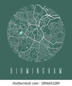 Birmingham map poster. Decorative design street map of Birmingham city. Cityscape aria panorama silhouette aerial view, typography style. Land, river, avenue. Round circular vector illustration.