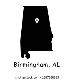Birmingham on Alabama State Map. Detailed AL State Map with Location Pin on Birmingham City. Black silhouette vector map isolated on white background.