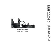 Birmingham panorama, vector badge, skyline logo and icon. UK, England city horizon logotype with landmarks and building silhouettes. Isolated foggy abstract gradient graphic