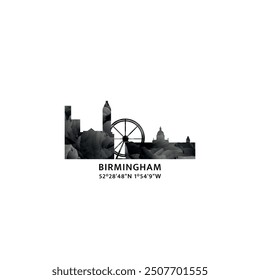 Panorama de Birmingham, insignia de Vector, logotipo e ícono del horizonte. Logotipo del horizonte de la ciudad del Reino Unido, Inglaterra con Lugares famosos y siluetas de construcción. Gráfico de gradiente abstracto brumoso aislado