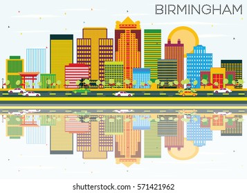Birmingham Skyline with Color Buildings, Blue Sky and Reflections. Vector Illustration. Business Travel and Tourism Concept. Image for Presentation Banner Placard and Web Site.