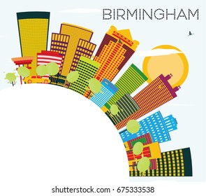 Birmingham Skyline with Color Buildings, Blue Sky and Copy Space. Vector Illustration. Business Travel and Tourism Concept. Image for Presentation Banner Placard and Web Site.