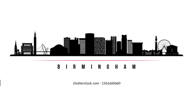 Birmingham skyline horizontal banner. Black and white silhouette of Birmingham, United Kingdom. Vector template for your design. 