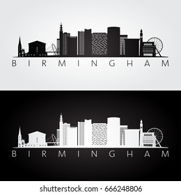 Birmingham skyline and landmarks silhouette, black and white design, vector illustration.  
