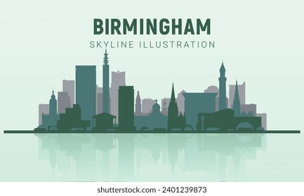 Birmingham skyline. Birmingham 
skyline and landmarks silhouette, light green tone gradient design. Birmingham skyline horizontal banner. skyline in flat style. Vector template for your design. EPS