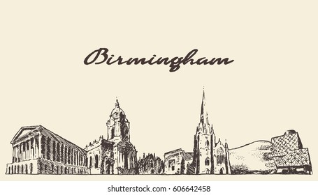 Birmingham skyline, West Midlands, England, vintage vector illustration, hand drawn, sketch
