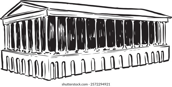 Birmingham Town Hall, Inglaterra esboço de tinta preto e branco. Arquitetura neoclássica com colunas coríntias e simetria elegante. Ilustração histórica de um marco cultural. Turismo e viagens