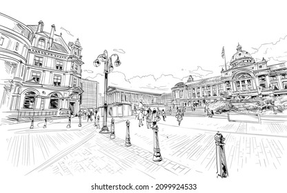 Birmingham. Town Hall. England. United Kingdom. Europe. Hand drawn sketch. Vector illustration.