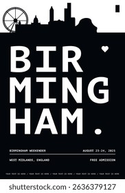 Birmingham typography minimalist vector poster for national event, cultural festival, independence day, holiday layout. Brochure, leaflet, flyer, presentation image template for England, UK city