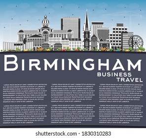 Birmingham UK City Skyline with Color Buildings, Blue Sky and Copy Space. Vector Illustration. Birmingham Cityscape with Landmarks. Business Travel and Tourism Concept with Historic Architecture.