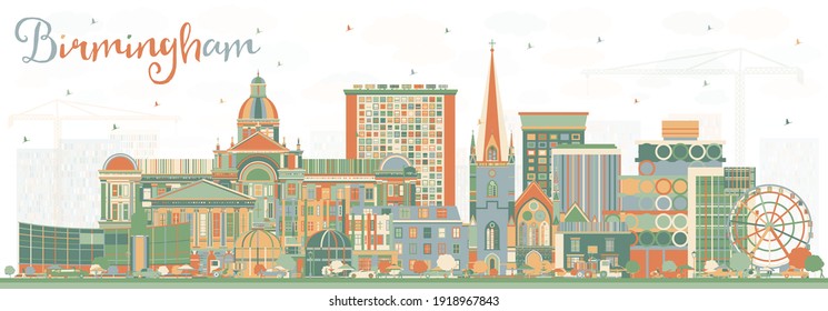 Birmingham UK City Skyline with Color Buildings. Vector Illustration. Birmingham Cityscape with Landmarks. Business Travel and Tourism Concept with Historic Architecture.