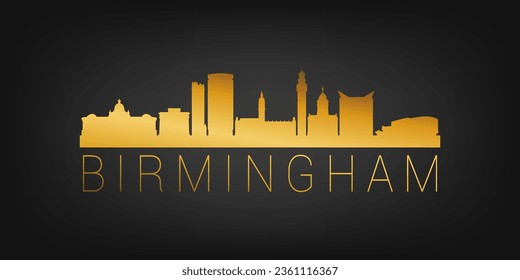 Birmingham, UK Gold Skyline City Silhouette Vector. Golden Design Luxury Style Icon Symbols. Travel and Tourism Famous Buildings.