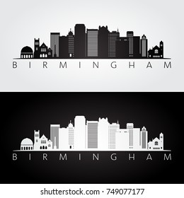 Birmingham usa skyline and landmarks silhouette, black and white design, vector illustration.
