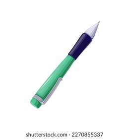 Biro pen vector illustration. Cartoon isolated green and black plastic ballpoint pen with silver tip, office ballpen for corporate signature, equipment to study in school, sign and write on paper
