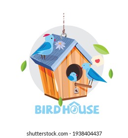 Birs house with family of blue birds - vector