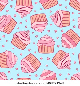 Birtday cupcakes seamless pattern. Cute pink cupcakes set. Pink cupcakes with hearts isolated on blue background. 