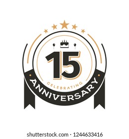 Birtday vintage logo template to 15 th anniversary circle retro isolated vector emblem. Fifteen years old badge on white background