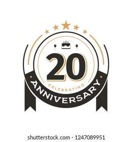 Birtday vintage logo template to 20 th anniversary circle retro isolated vector emblem. Twenty years old badge on white background