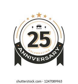 Birtday Vintage Logo Template To 25 Th Anniversary Circle Retro Isolated Vector Emblem. Twenty-five Years Old Badge On White Background