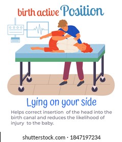 Birth active position lying on your side, man help pregnant woman during birth pains, female with belly at medical bed, comfortable posture for birthing, useful poster or banner with text information